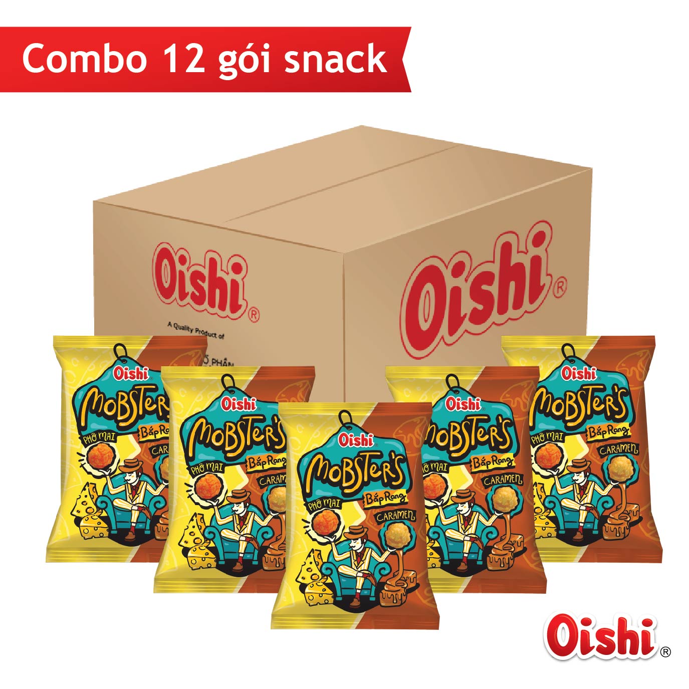 Combo 12 gói Oishi Bắp Rang Vị Phô Mai Caramen Mobsters (80g/gói)