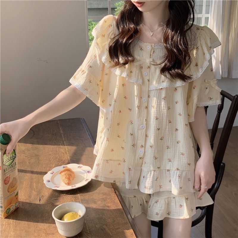Bộ Đồ Ngủ Nữ Pijama Hoa Nhí Vintage Chất Cotton Mát Mịn Thoáng Mát