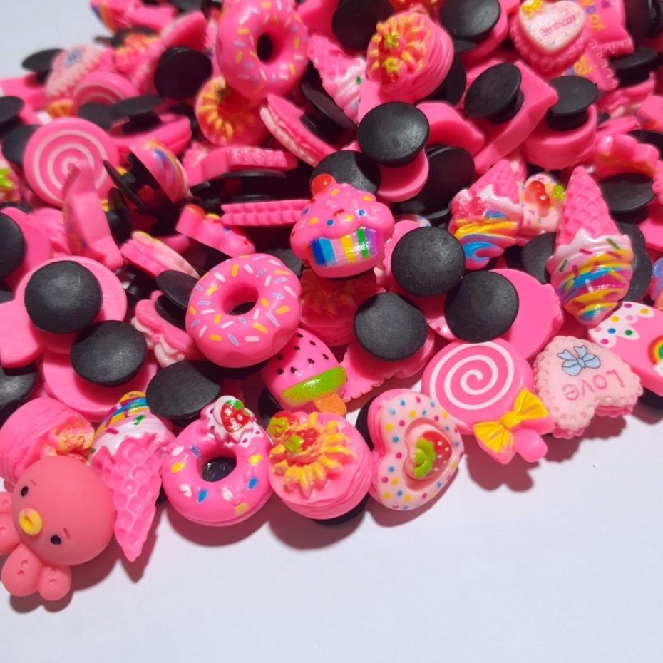 Sticker gắn dép loại cứng_ phụ kiện trang trí dép mẫu bánh kẹo kem màu hồng đậm