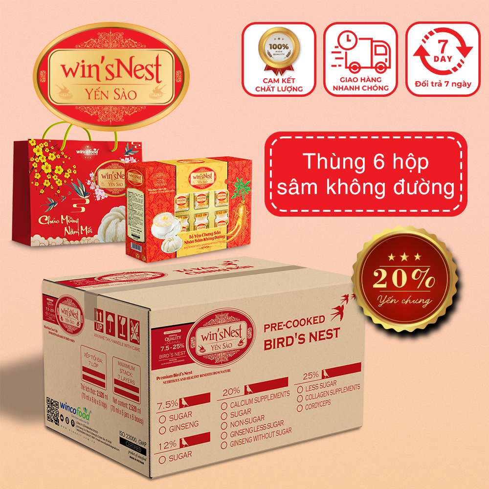 (Thùng Yến Xuân) 06 hộp Yến Sào Win'snest Tổ Yến Chưng Sẵn Nhân Sâm Không Đường 20% (6 Lọ/Hộp) Món quà sức khỏe