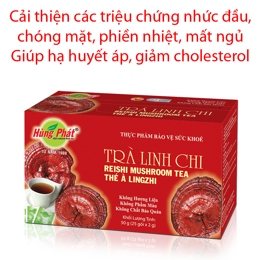 TRÀ LINH CHI - giúp cải thiện các triệu chứng nhức đầu, mất ngủ và giúp hạ huyết áp, giảm cholesterol - Thương hiệu Hùng Phát