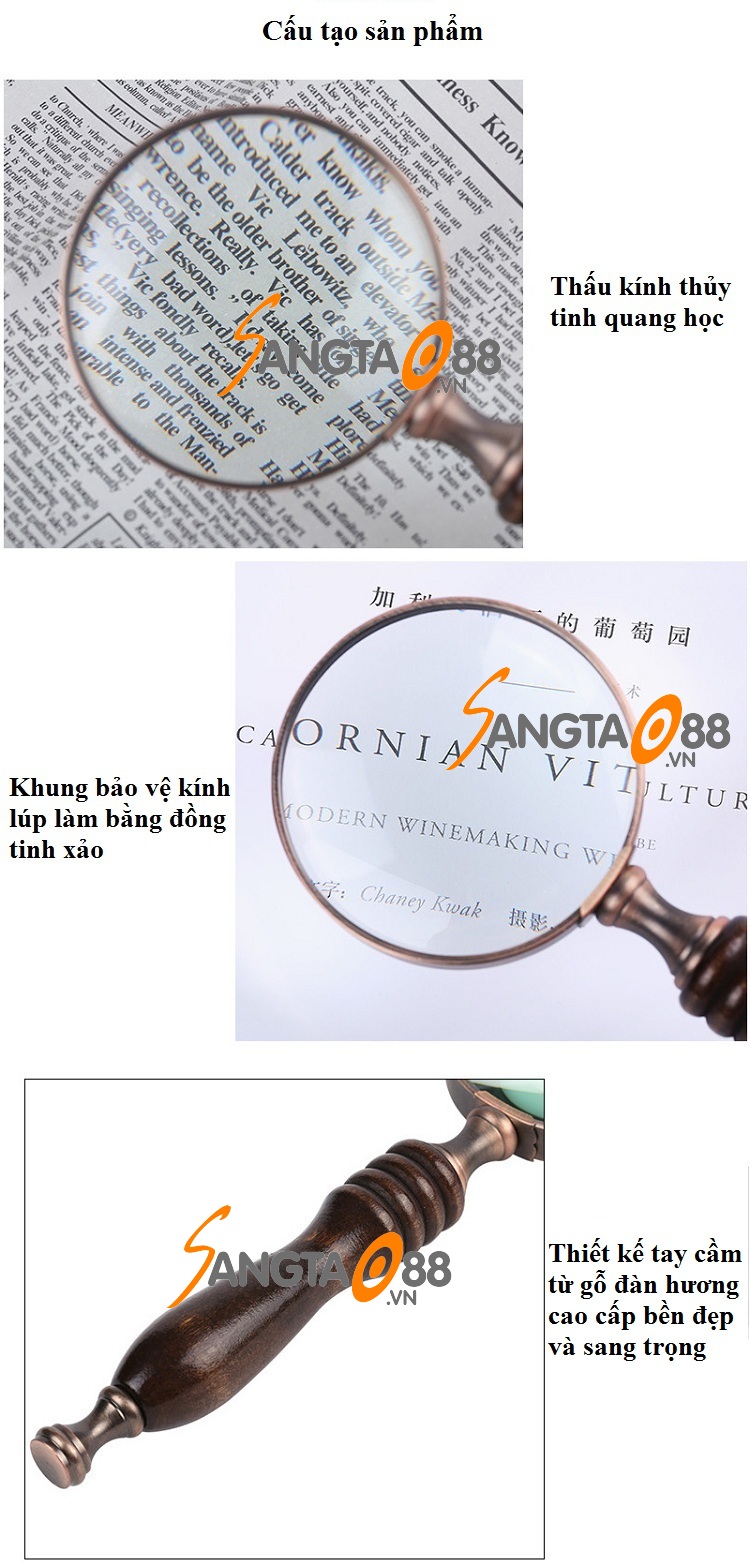 Kính lúp 10x tay cầm gỗ đọc sách báo đa năng cao cấp