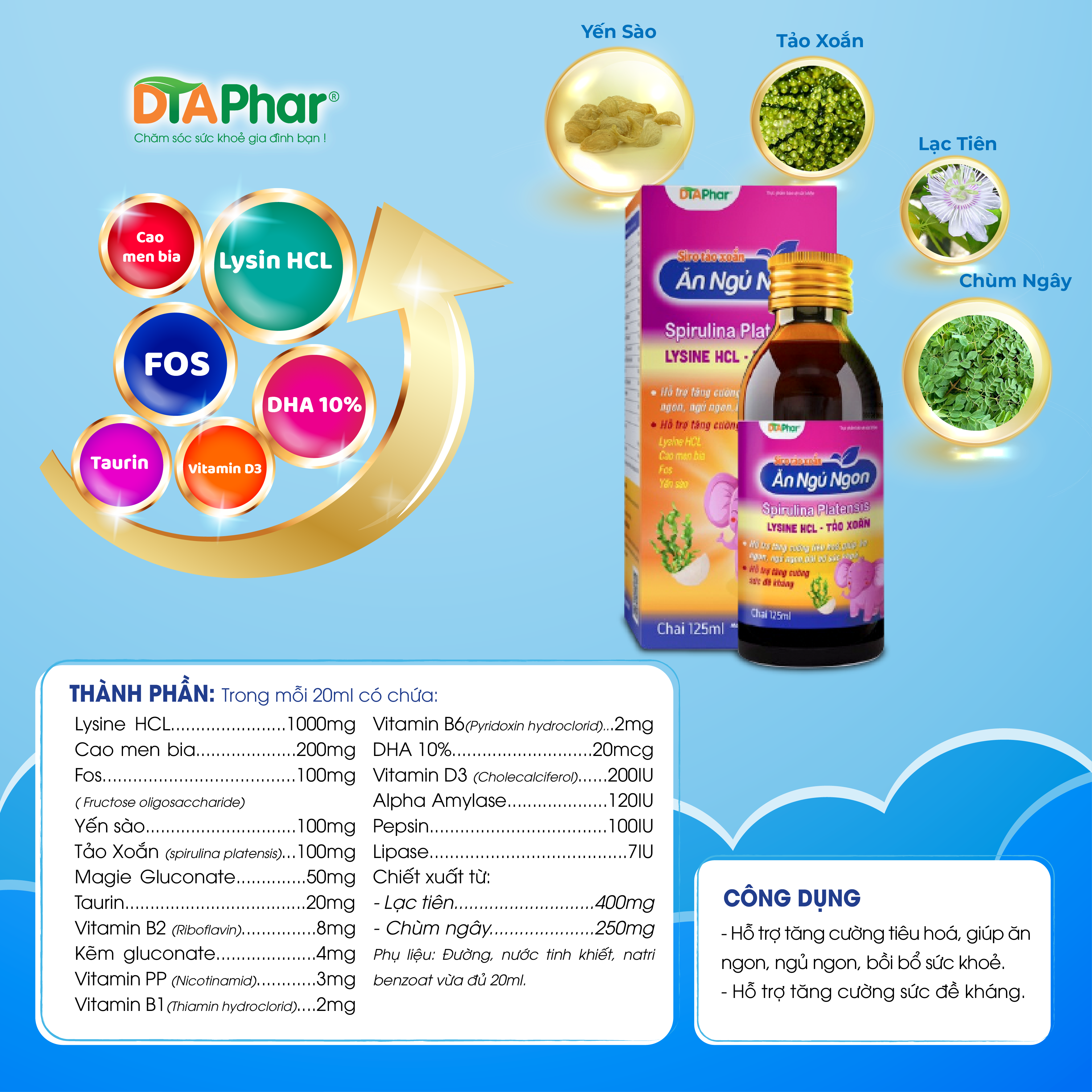 Siro uống Ăn Ngủ Ngon MỚI Hỗ trợ tăng cường tiêu hoá ăn ngon ngủ ngon bồi bổ sức khoẻ tăng sức đề kháng Chai 125ml Tâm An Pharma