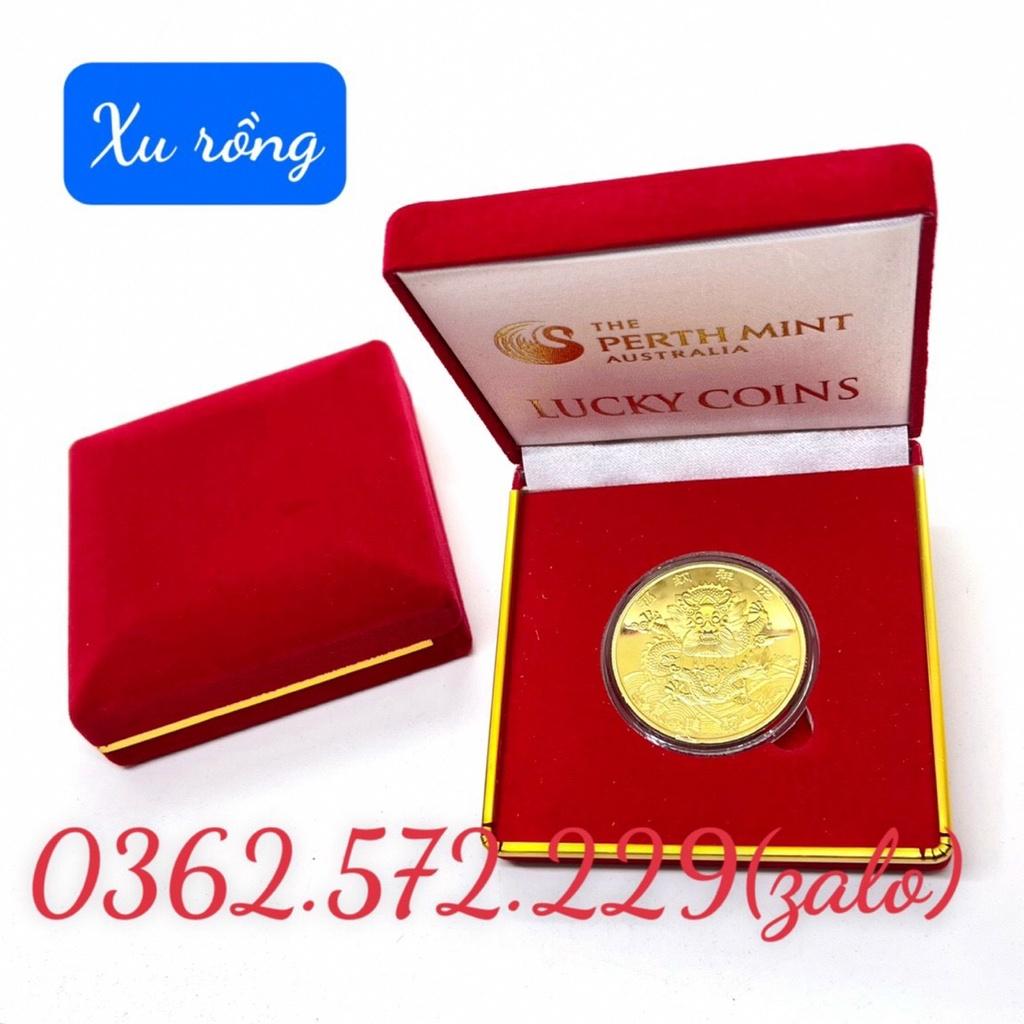 Đồng Xu Con Rồng Phong Thuỷ May Mắn Tặng Hộp Nhung ,Móc Khóa, Túi gấm đỏ May Mắn