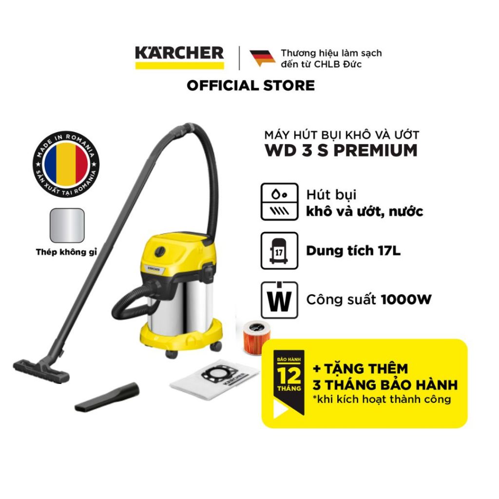 Máy hút bụi đa năng khô và ướt WD 3 S Premium dành cho Karcher - Công suất 1000W - Hàng Chính Hãng