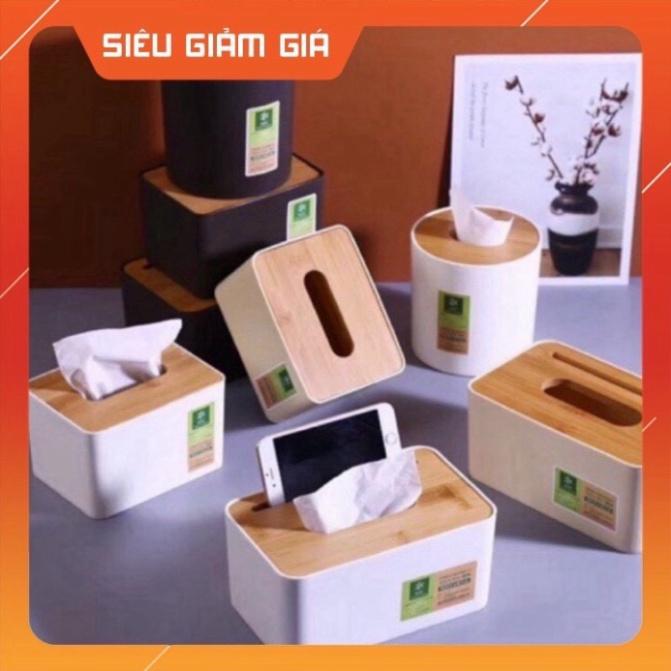 Hộp đựng giấy ăn để bàn bằng nhựa nắp gỗ tre siêu sang xịn có khe gài điện thoại thông minh, mẫu mới 2020