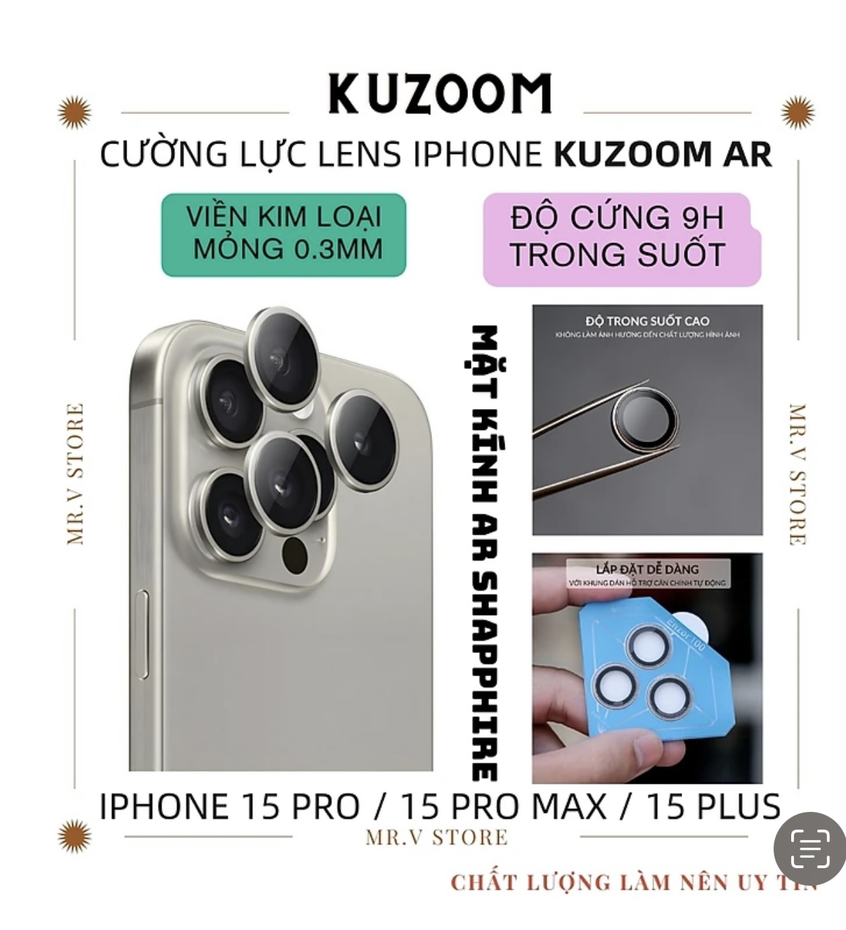 Bộ vòng kính cường lực viền kim loại bảo vệ camera cho iPhone 15 Pro / 15 Pro Max / 15 Plus / iP 15 hiệu HOTCASE Kuzoom AR-LENS độ cứng 9H, chống trầy xước, giữ nguyên chất lượng ảnh chụp - Hàng nhập khẩu