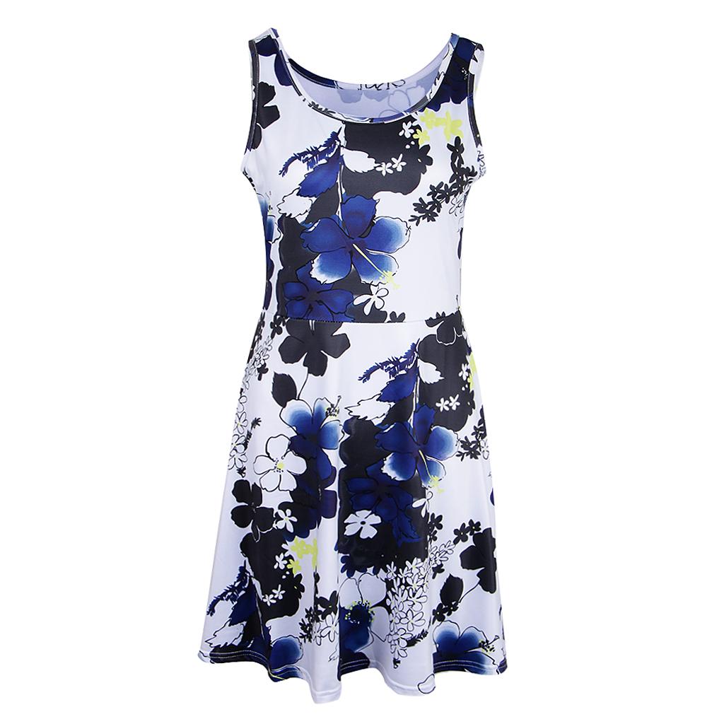 Women Floral Dress Summer Sleeveless Round Neck Casual Flared Midi Dress
