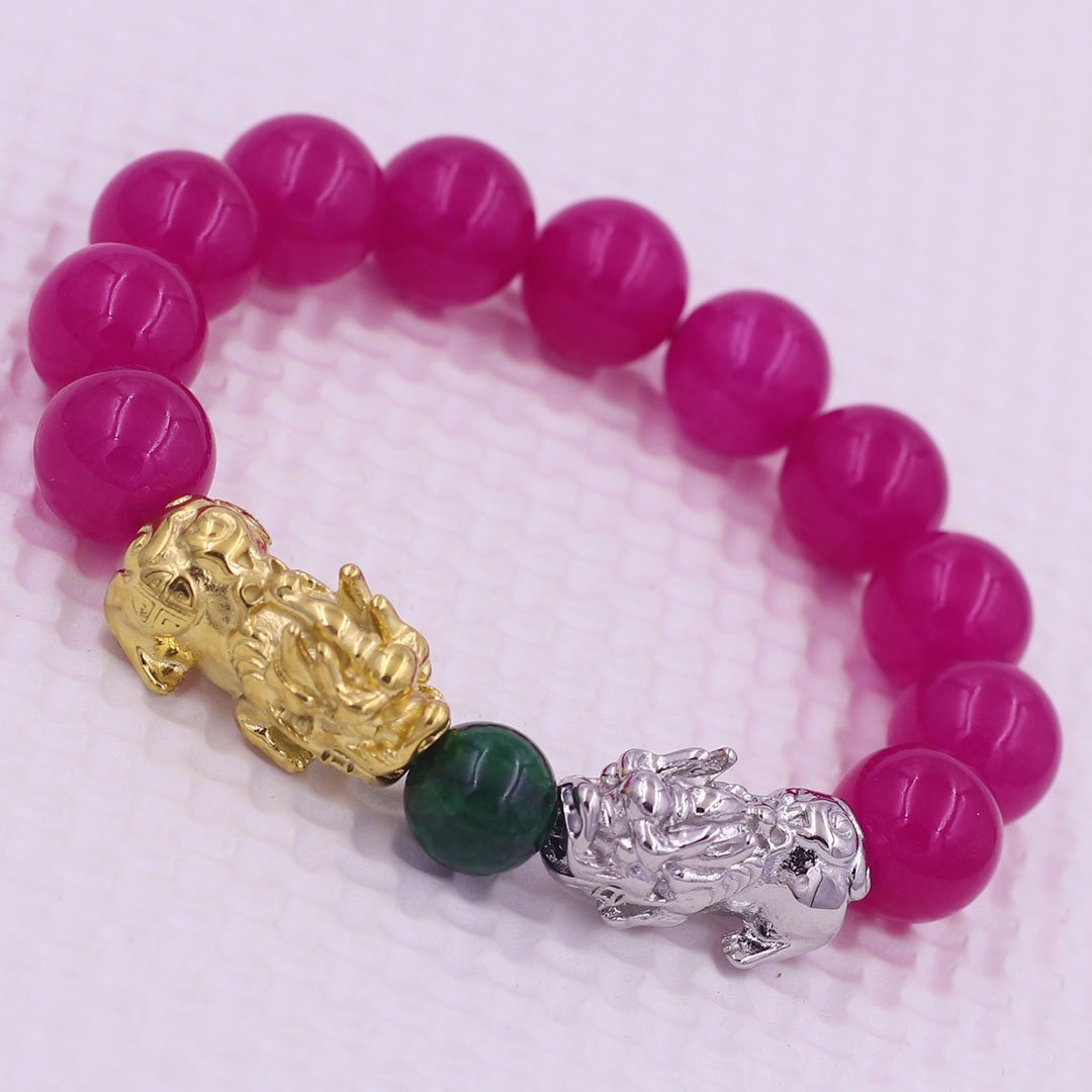 Vòng chuỗi đeo tay đa thạch anh hồng 12 ly charm tỳ hưu đôi inox trắng và vàng, vòng chuỗi phong thủy, charm tỳ hưu, vòng tay hạt chuỗi