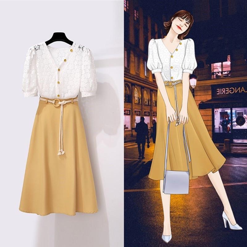 Set áo ren + chân váy kèm belt phong cách vintage Hàn Quốc
