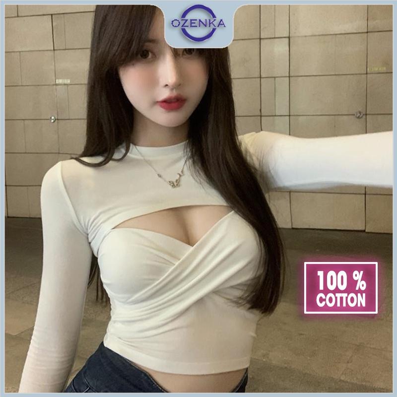 Áo croptop tay dài ôm body khoét ngực gợi cảm OZENKA , crt cổ tròn trắng đen thun cotton 100% đẹp mềm mịn mát dưới 55kg