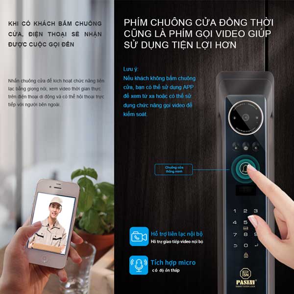 Khóa điện tử thông minh khóa nhận diện khuôn mặt PASINI PS02CG60A (Đen) PS03CS60A (Bạc) với 7 phương thức mở khóa nhận diện khuôn mặt, vân tay, thẻ từ, mật khẩu