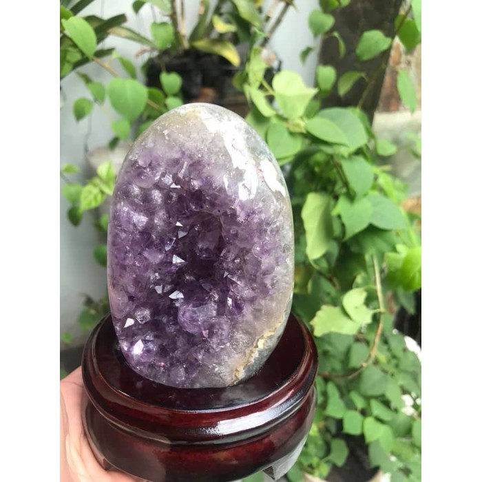 Miếng Đá Thạch Anh Tím Trái Tim Nhỏ đế gỗ Tự Nhiên Kt Cao 12cm N11cm S9cm Anh Chị Đặt Bàn Làm Việc Bàn Thờ Thần Tài May Mắn Thu Hút Tài Lộc ạ