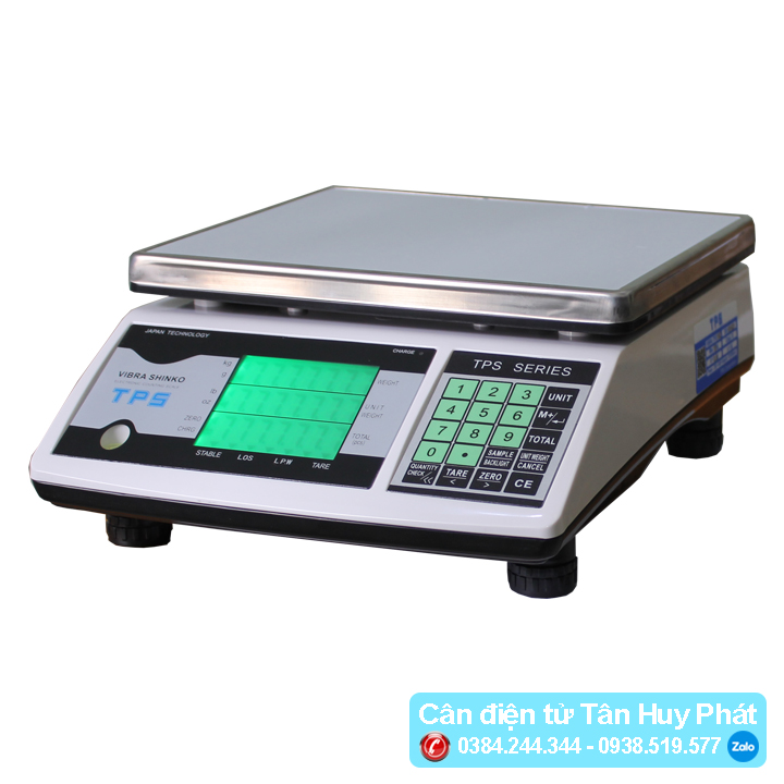 Cân điện tử đếm mẫu Vibra TPS 3kg/ 6kg/ 15kg/ 30kg, Màn hình LCD nền xanh dễ quan sát, Pin sạc dùng 80h liên tục, Đĩa cân tháo rời dễ dàng vệ sinh khi sử dụng