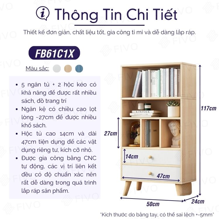 Tủ Sách Cho Bé Gỗ MDF FIVO FB61 (50 x 24 x 117cm) Đơn Giản Nhỏ Gọn (Có Hộc Kéo)- Hàng Chính Hãng