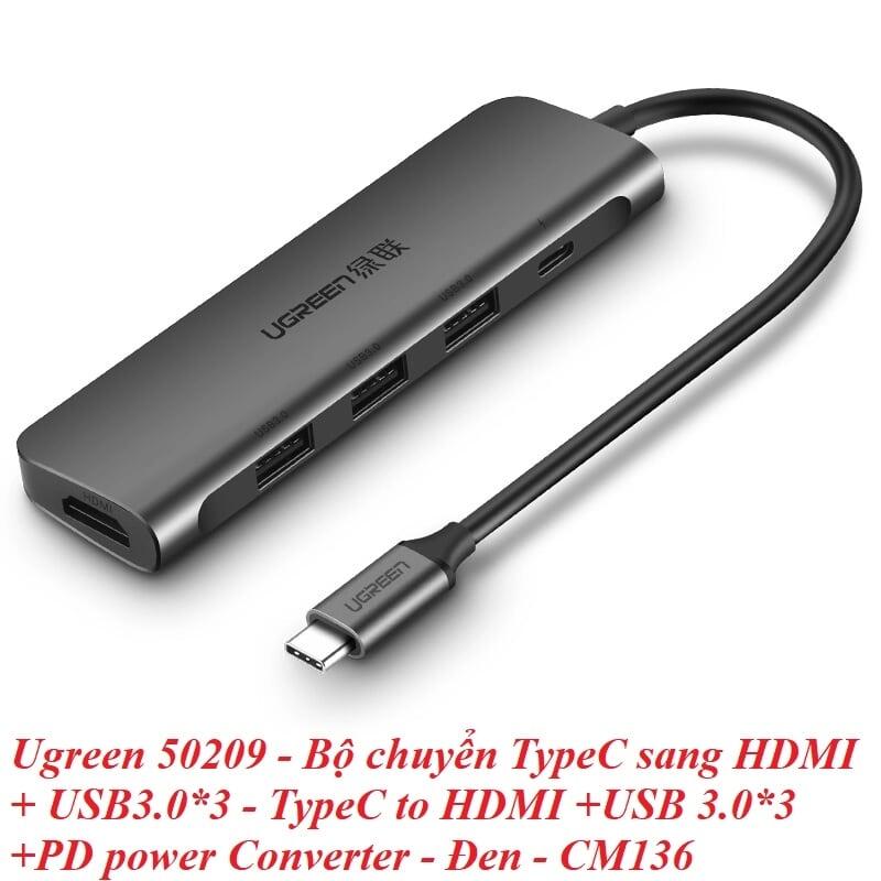 Ugreen UG50209CM136TK Bộ chuyển đổi TYPE C sang 3 USB 3.0 + HDMI + hỗ trợ nguồn TYPE C - HÀNG CHÍNH HÃNG