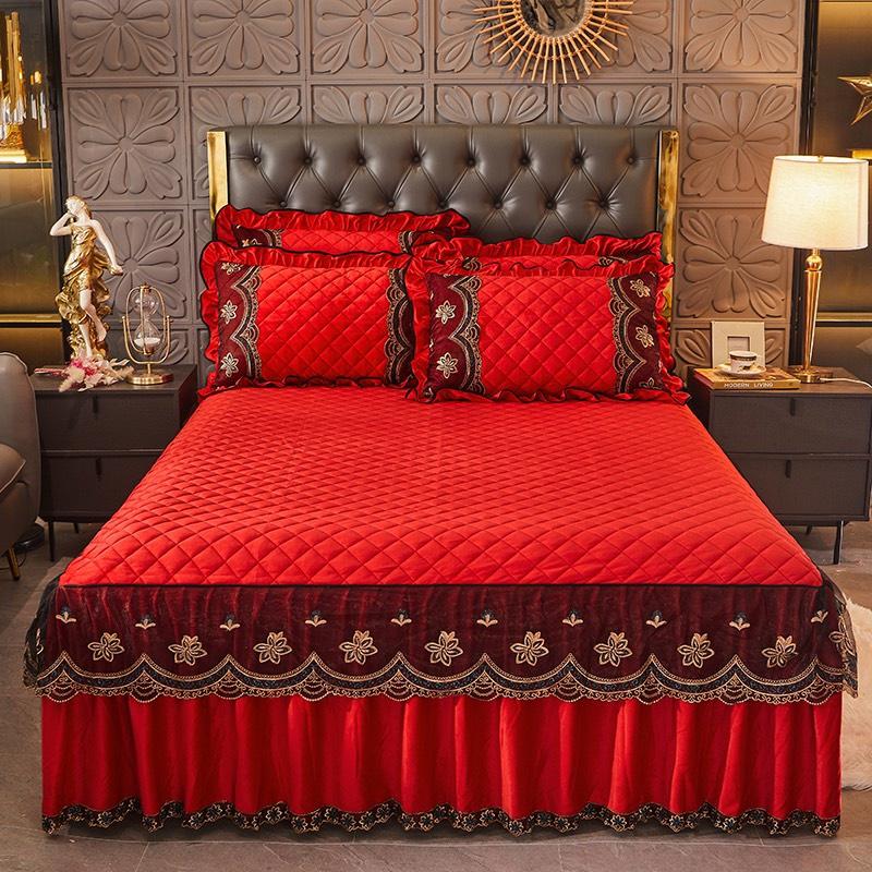 Bộ Ga Gối nỉ tuyết trần phối viền bèo công chúa trần phủ viền bèo ren