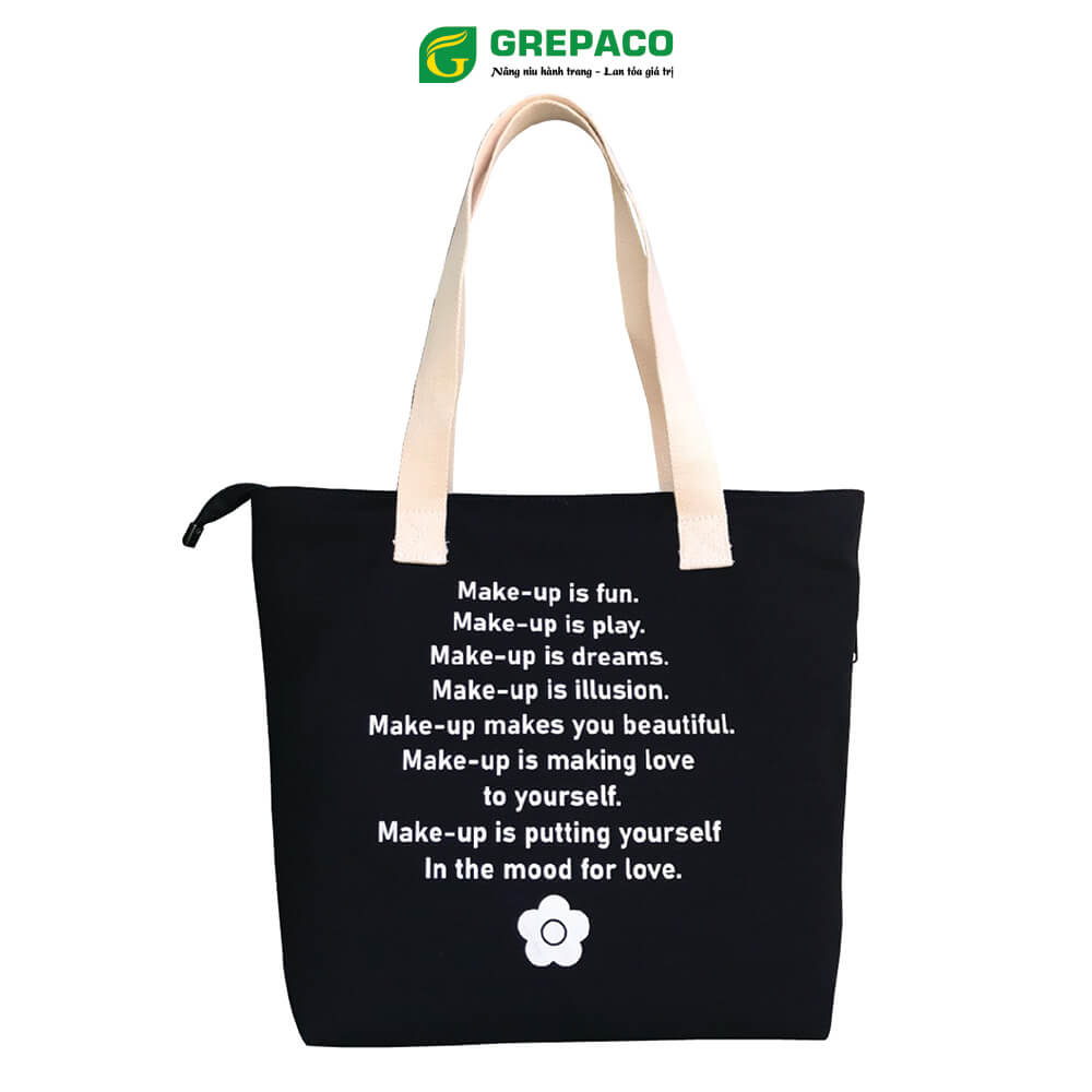 Túi Tote Nữ Grepaco Xách Vải Bố Canvas Cao Cấp In Chữ Đẹp Đeo Chéo Vai Có Khóa Kéo Nhiều Ngăn Dùng Đi Học, Làm Công Sở, Du Lịch Phong Cách Thời Trang Hàn Quốc - Tặng Túi Đựng Mỹ Phẩm