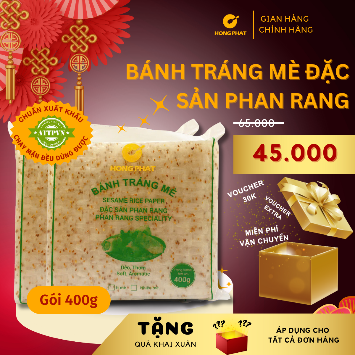 [SỈ&amp;LẺ] Bánh tráng cuốn 400g/gói (Bánh tráng mè, bánh tráng gỏi cuốn mè Hồng Phát đặc sản Phan Rang)