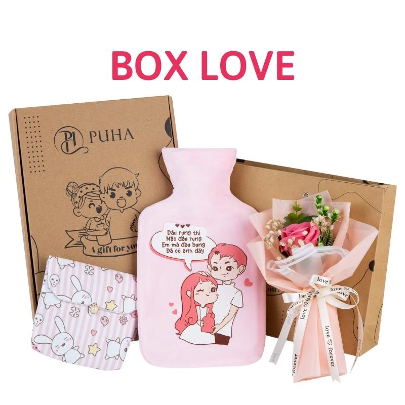 Túi chườm nóng đau bụng kinh PUHA 1000ml, Box love 3 món gồm túi trườm nóng tình yêu, túi vải mini đa năng và hoa hồng sáp tượng trưng cho tình yêu