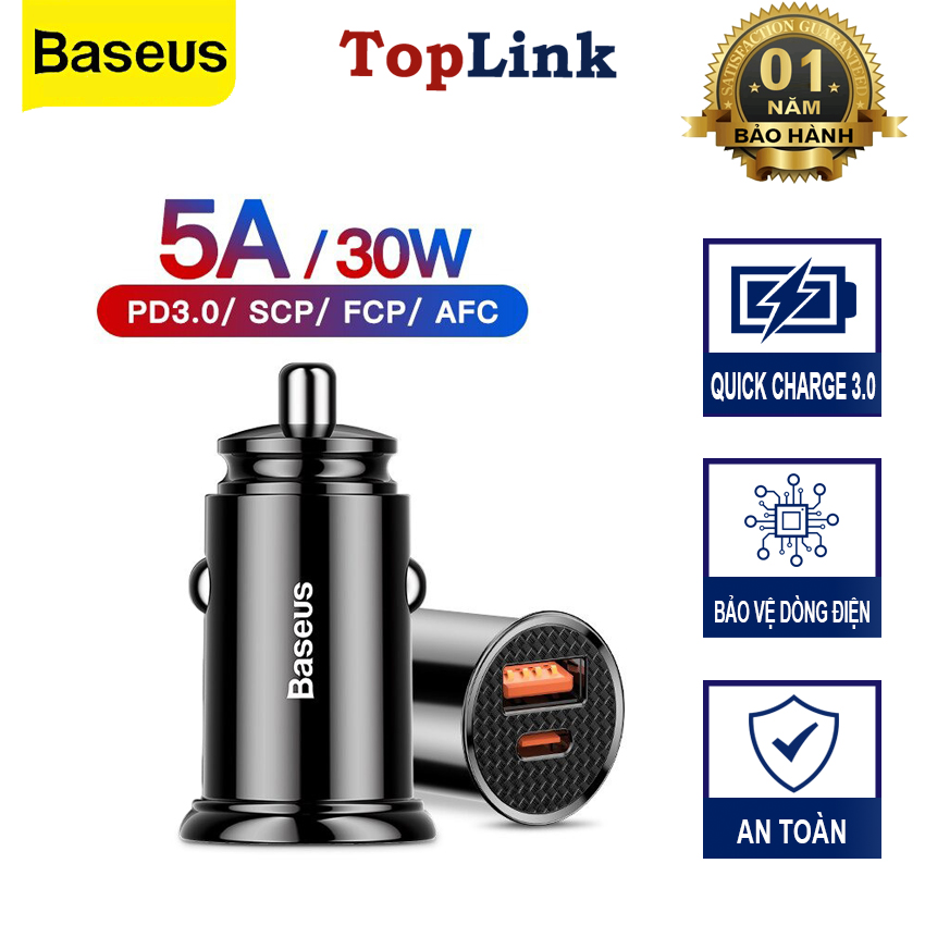 Tẩu Sạc Mini Xe Hơi C16Q1 Công Suất 30W Sạc Nhanh Qc 3.0 - Hàng Chính Hãng Baseus - Usb Type C