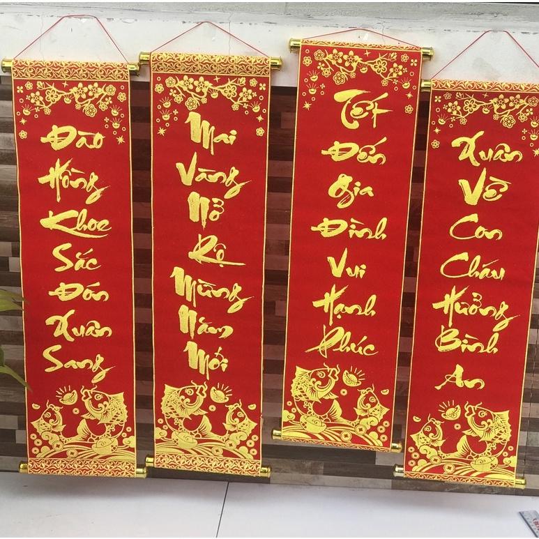 1 đôi câu đối đỏ, liễng trang trí tết in chữ Việt Nam làm từ vải nhung đẹp