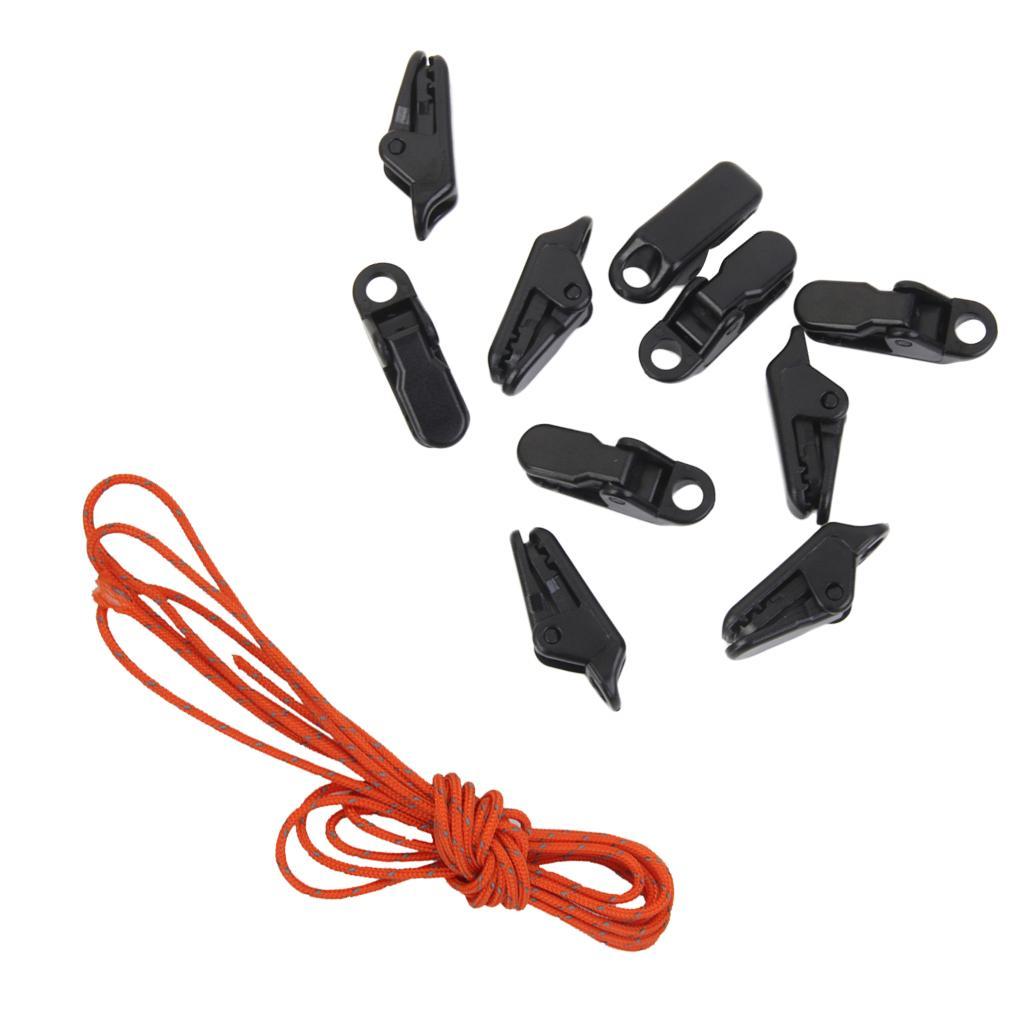 10 Pieces Camping Tent Awning Clamp Snap Hangers + 20m 1.8mm Tent Guy Line Rope