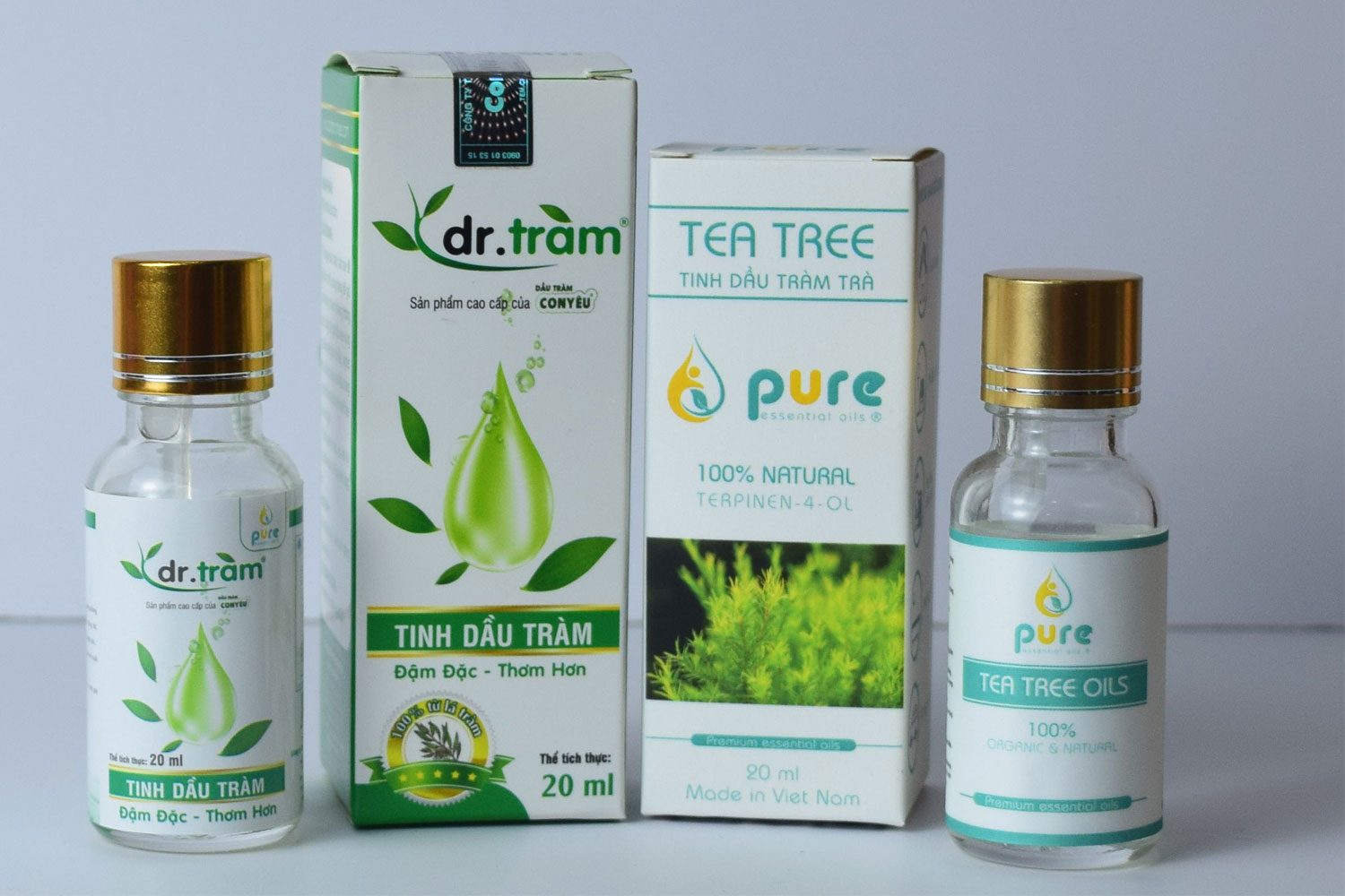Tinh dầu tràm trà nguyên chất Pure Oils 20 ml & Tinh dầu tràm Dr.Tràm 20 ml - Combo làm sạch khuẩn cực tốt.