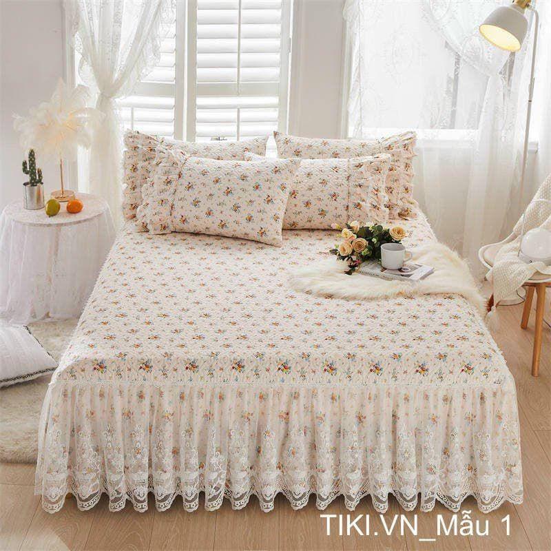 Set Ga Gối Trần Bông Viền Rủ Bèo Phối Ren Công Chúa