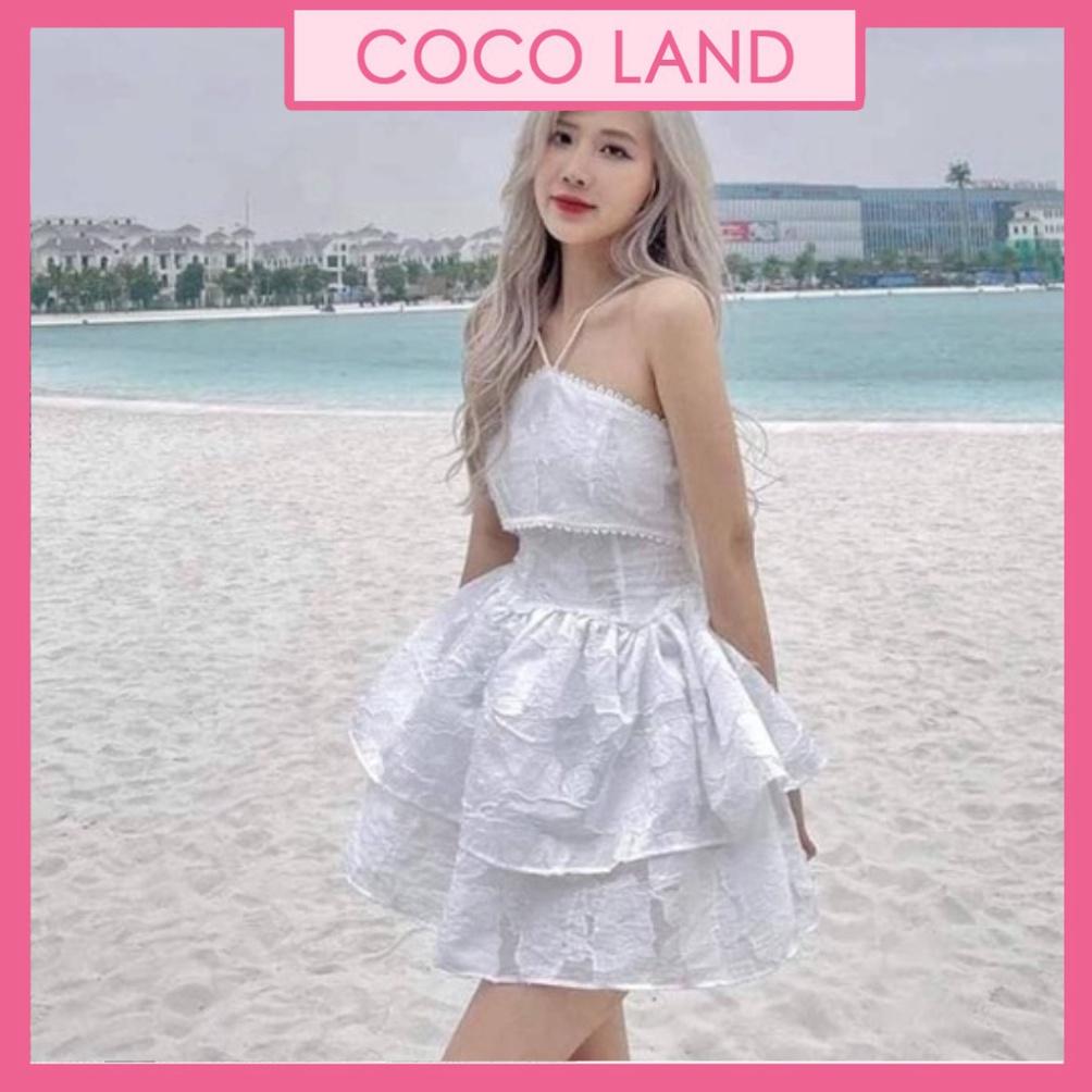 Váy trắng ĐẦM CỔ YẾM rút dây ngực bèo tầng khoét eo lưng ren in hoa nổi form xòe tầng- babydoll váy xinh ulzzan