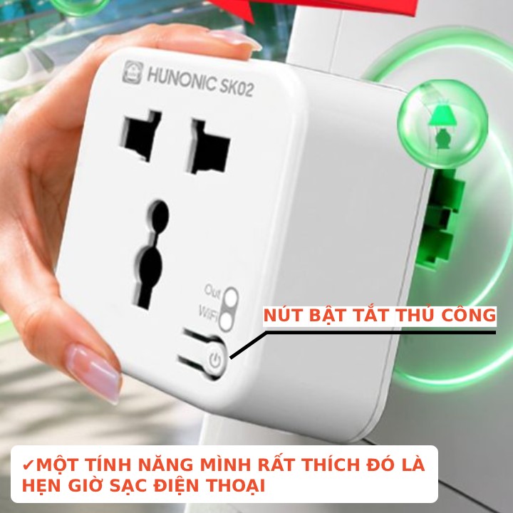 Ổ Cắm Wifi Thông Minh Hunonic SK02 - 220V - 16A - 3000W - Hàng chính Hãng - Bảo Hành 1 Năm