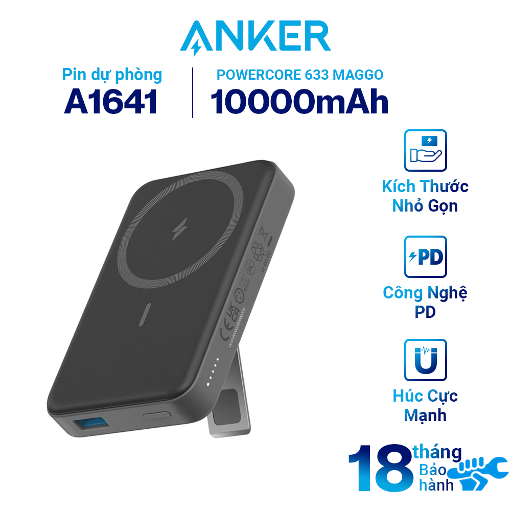 Pin Sạc Dự Phòng Không Dây Từ Tính ANKER 633 Maggo A1641, Pin Từ Tính 10000Mah Và USB-C Dành Cho Iphone 13/12 Series - Hàng Chính Hãng