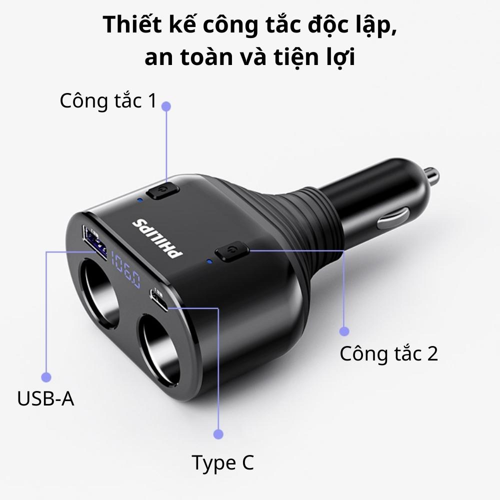 Bộ chia tẩu sạc xe hơi Philips DLP4101 có 2 cổng mở rộng tích hợp cổng USB-A &amp; Type C sạc nhanh trên ô tô - Hàng nhập khẩu