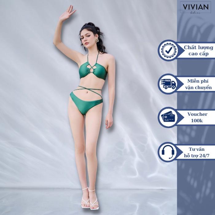 Đồ bơi nữ cao cấp  dạng hai mảnh áo ống phối dây tạo hình - màu Xanh rêu - VS186_MS