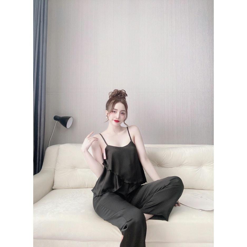 Đồ lụa satin 2 dây tà chéo quần dài cao cấp mặc nhà free size 58kg