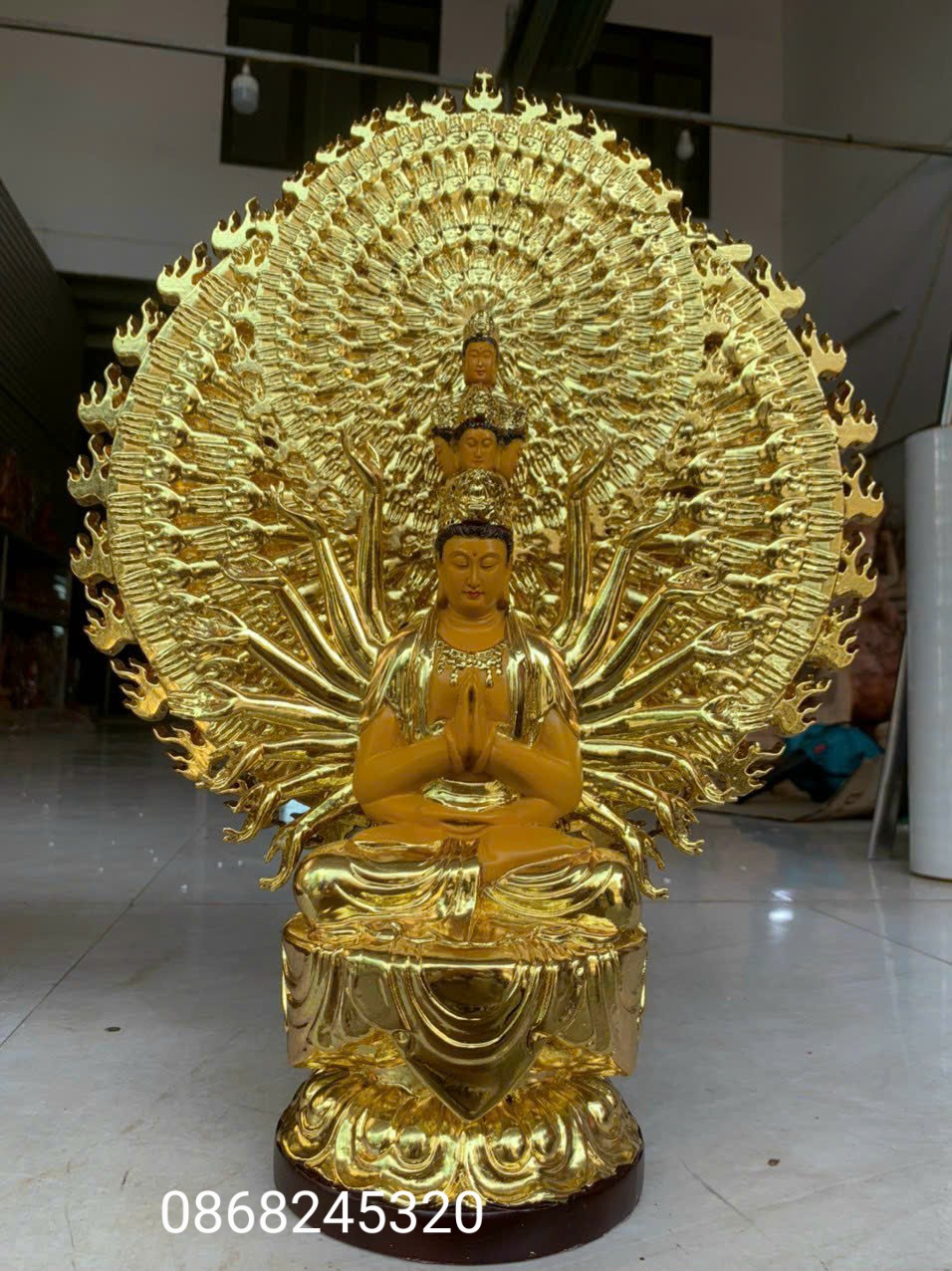Tượng điêu khắc  phật thiên thủ thiên nhãn ngài nghìn mắt nghìn tay bằng gỗ hương đá sơn pu giả cổ cao cấp kt 61×48×20cm
