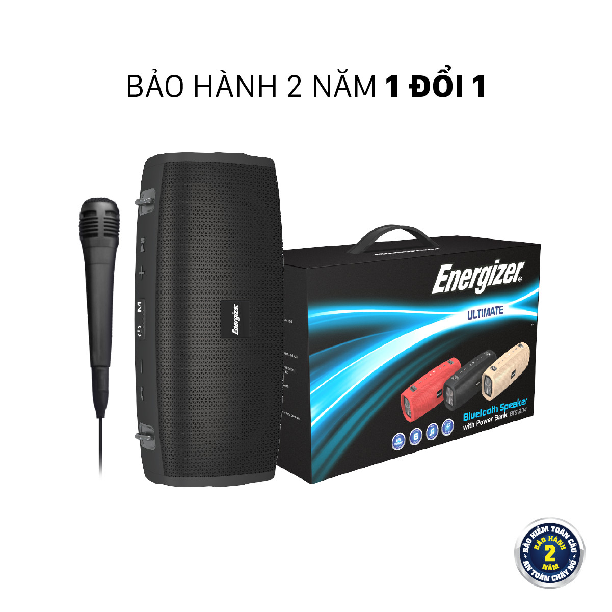 Loa Bluetooth di động Energizer BTS-204 kiêm sạc dự phòng kèm Micro Karaoke - Kết nối bluetooth 5.0, hỗ trợ FM radio, thẻ Micro SD, cổng sạc USB-A - HÀNG CHÍNH HÃNG