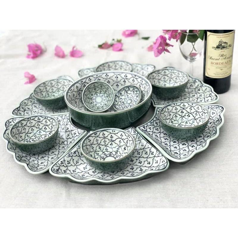 Set đồ ăn mặt trời 33 sản phẩm vẽ tay khắc hoa men Ngọc lục bảo