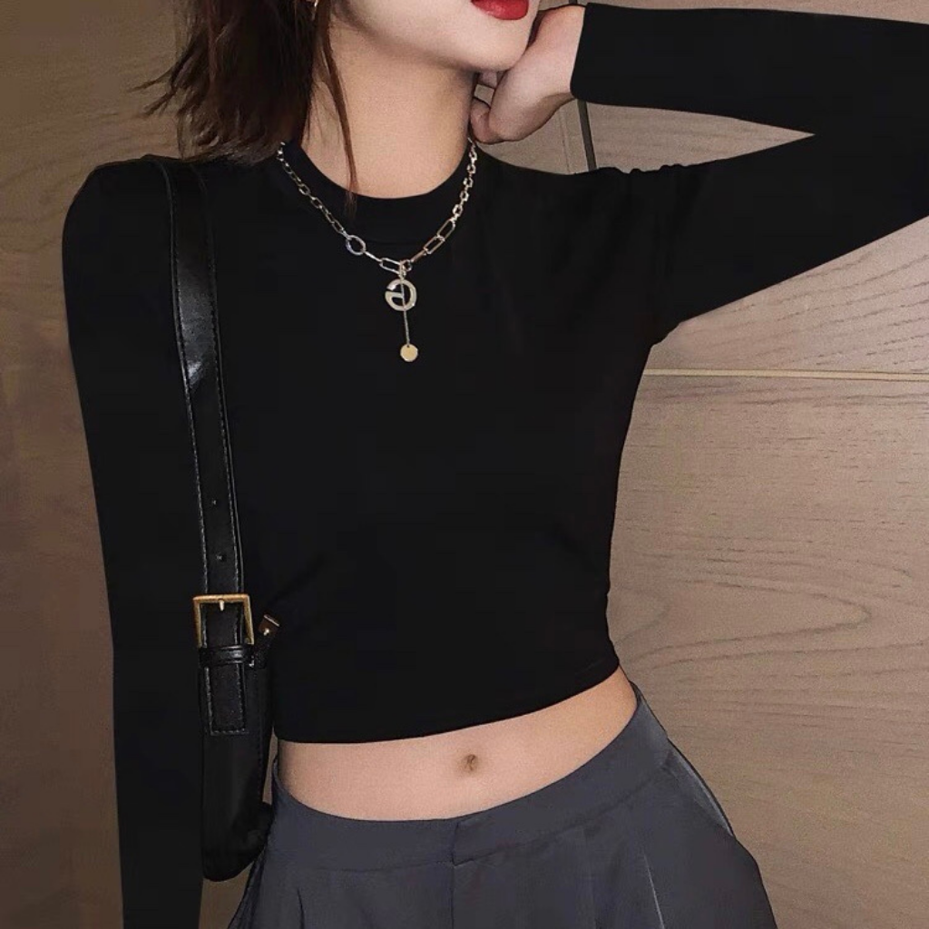 Áo croptop cổ tròn dài tay chất thun co giãn dễ mix đồ freesize