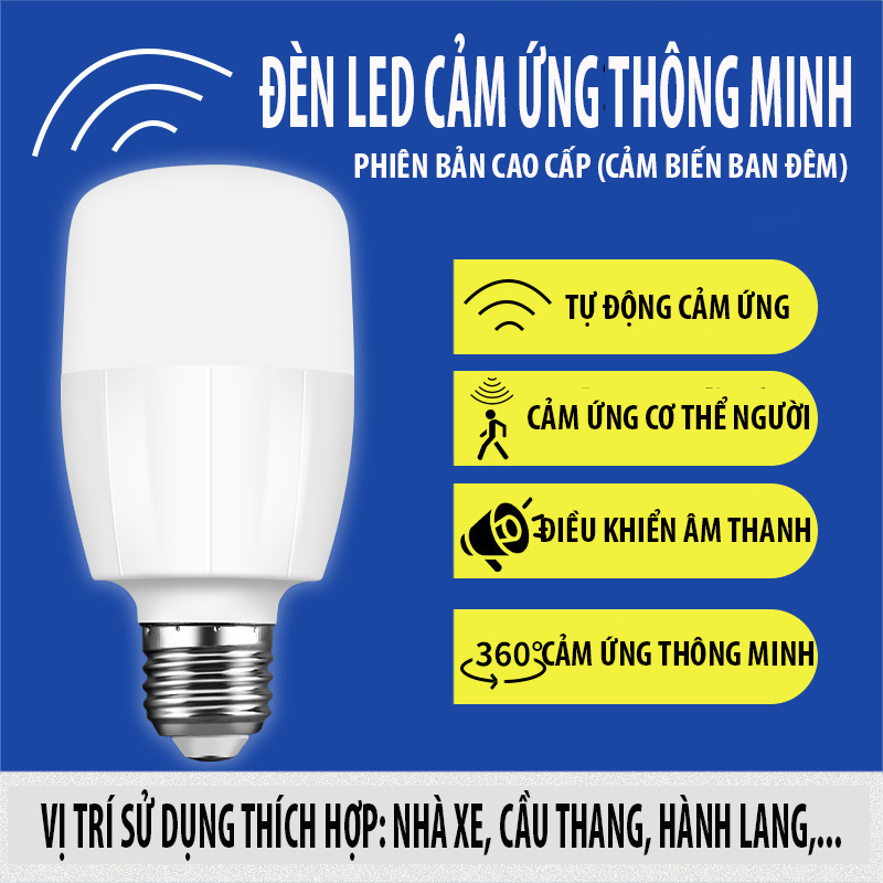 Bóng đèn led cảm ứng cơ thể người,cảm biên radar,cảm ứng âm thanh ánh sáng,đèn led cảm ứng thông minh tự độngsáng 7W,24W