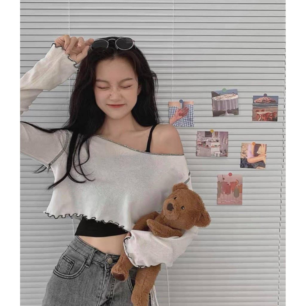 Set Áo Thun Giấy Viền Bèo Kèm Áo Croptop 2 Dây
