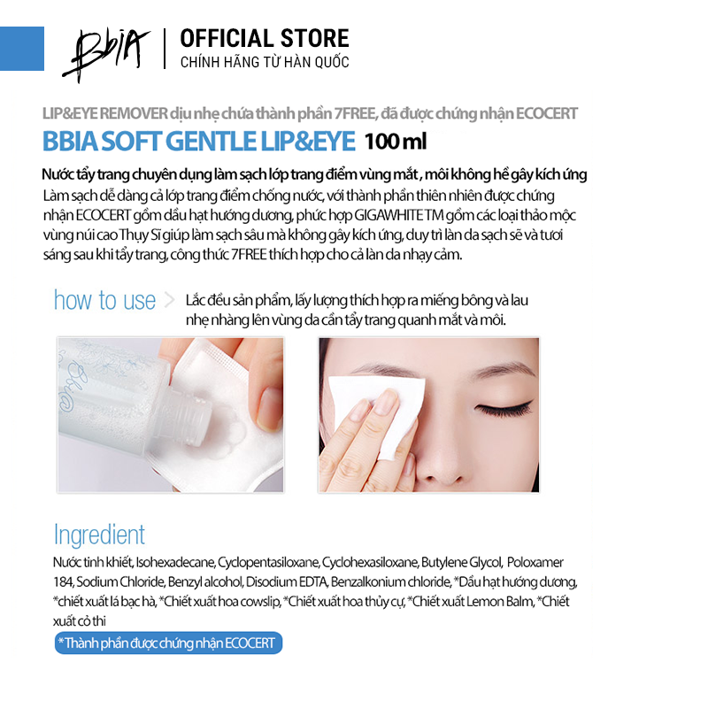 Nước tẩy trang dành cho mắt &amp; môi Bbia Soft Gentle Lip&amp;Eye Remover