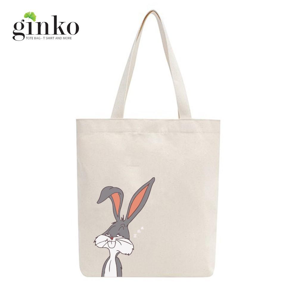 Túi Tote Vải Mộc Ginko kiểu basic có dây kéo khóa miệng túi đựng vừa laptop 14 inch và nhiều đồ dùng khác In Hình BUGS THE BUNNY M33