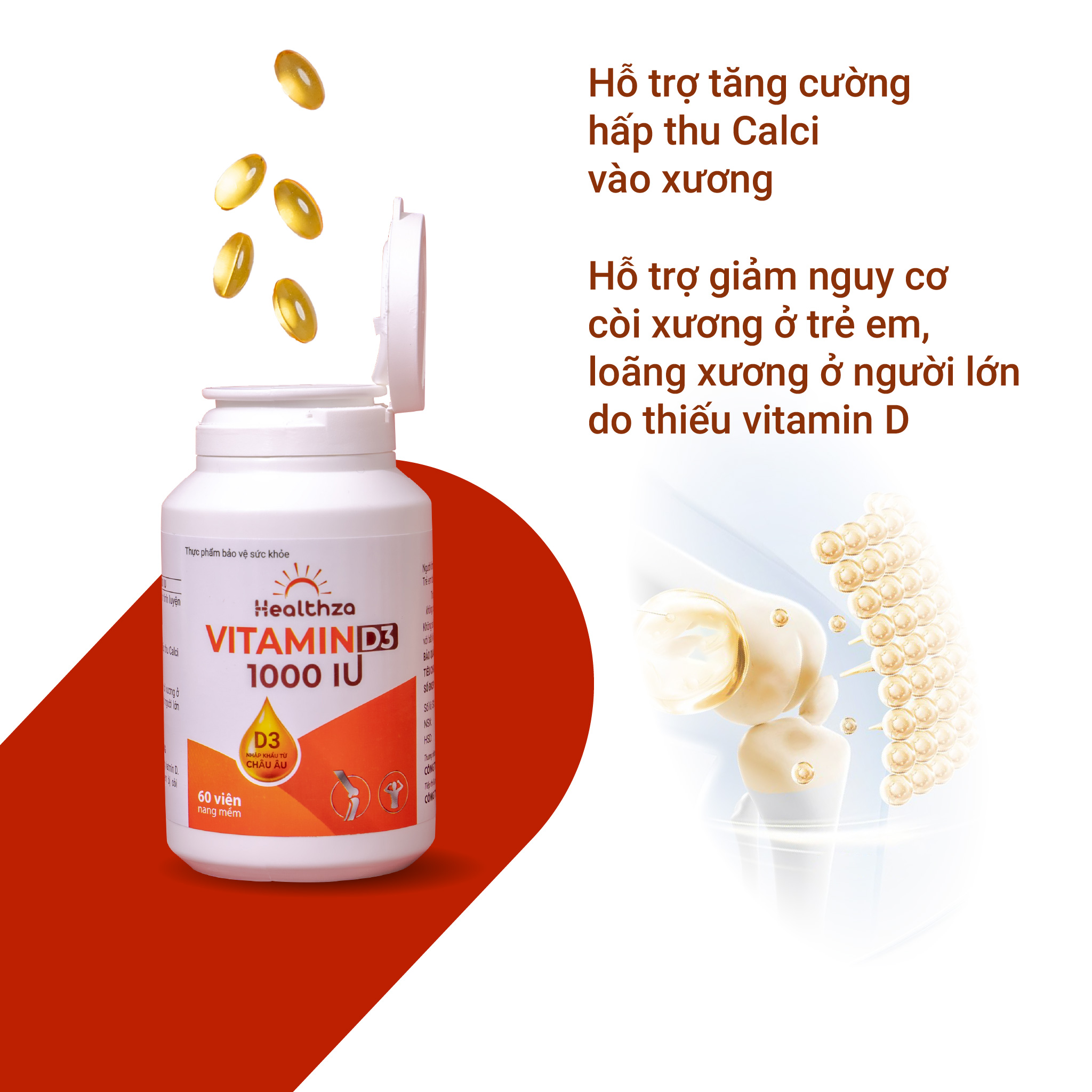 Viên uống Healthza Vitamin D3 1000 IU hộp 01 lọ/60 viên