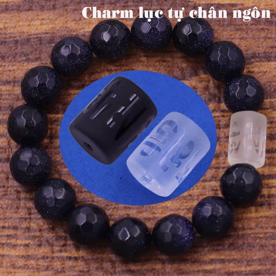 Vòng chuỗi đeo tay đá (Xanh lam) kim sa cắt giác charm lục tự Đại minh chân ngôn, 10 ly, Om Mani Padme Hūm, Chân ngôn Lục tự