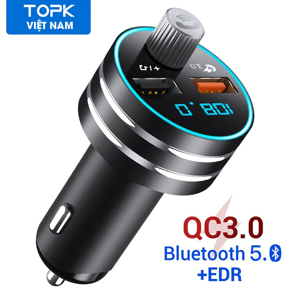 Tẩu sạc nhanh TOPK G201Q hai cổng USB, kết nối bluetooth 5.0 đài FM MP3 thẻ TF dành cho điện thoại di động - Hàng nhập khẩu