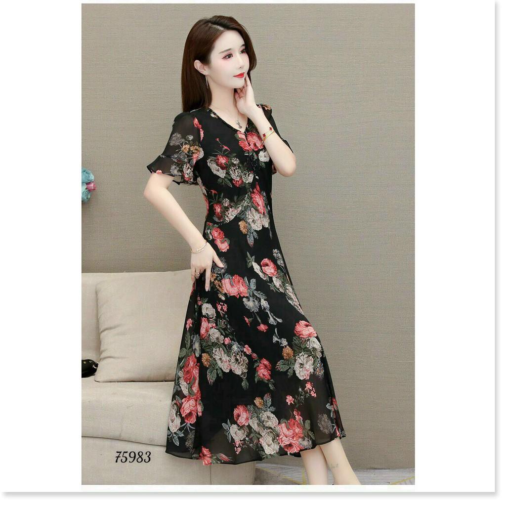 ĐẦM LỤA DÁNG XÒE HỌA TIẾT HOA VÔ CÙNG XINH THỜI TRANG MỚI KME