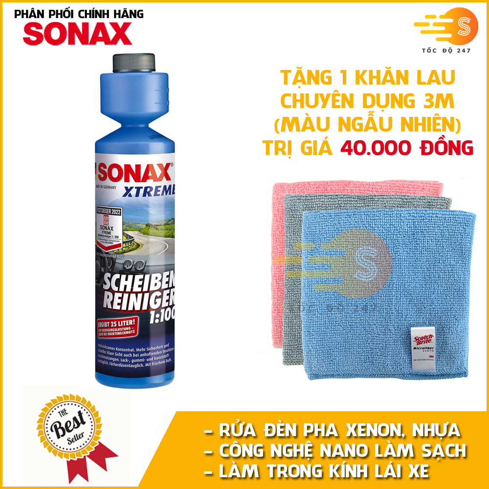 Dung dịch vệ sinh và làm trong kính lái đậm đặc 1:100 Sonax 271141 250ml- tặng 1 khăn lau 3M màu ngẫu nhiên - rửa đèn pha XENON, đèn Plastic, tẩy vết côn trùng, các hạt nano làm trong kính, bảo vệ kính, không tạo vết sau khi gạt nước