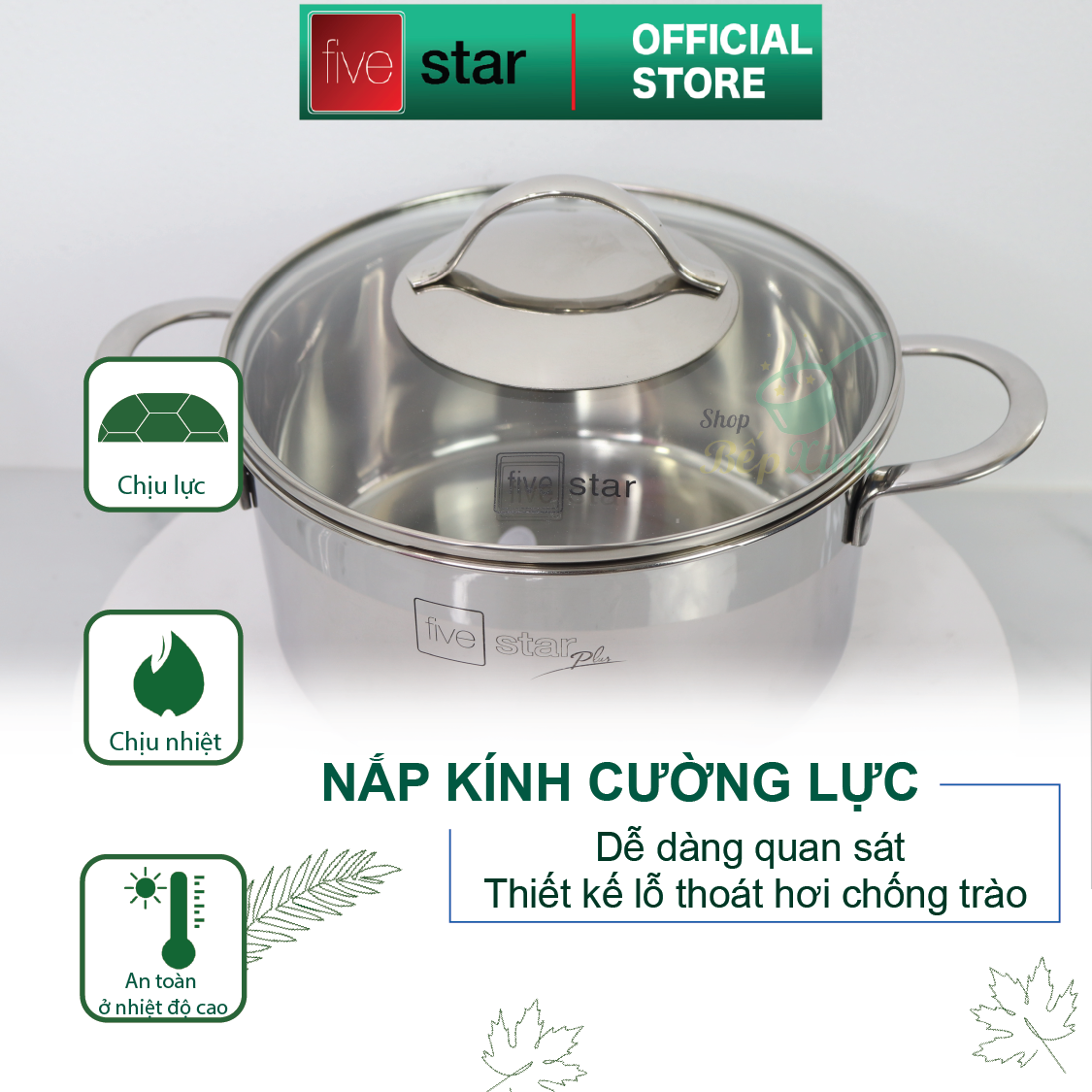 Bộ Nồi Inox 304  bếp từ 3 lớp đáy liền 4 món nắp kính Fivestar tặng 2 muỗng canh