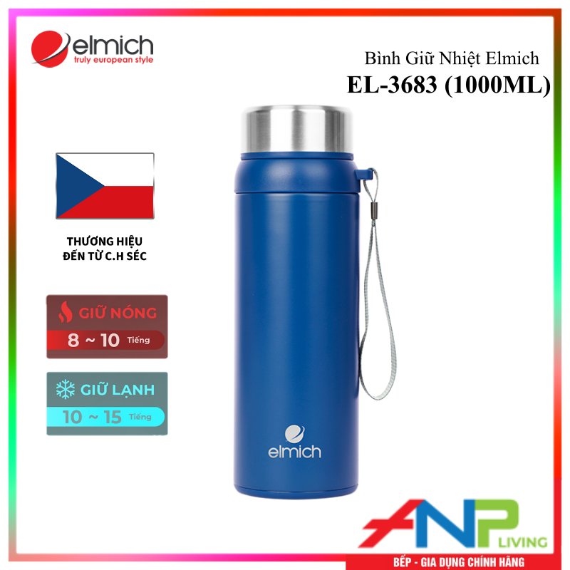 Phích Giữ Nhiệt 3 lớp Inox 304, Tráng bạc Elmich EL-3682 (Dung tích 1000ml / Giữ Nóng 8h - Giữ Lạnh 12h / Mầu Xanh, Có Quai Xách Tiện Lợi) - Hàng Nhập Khẩu Chính Hãng